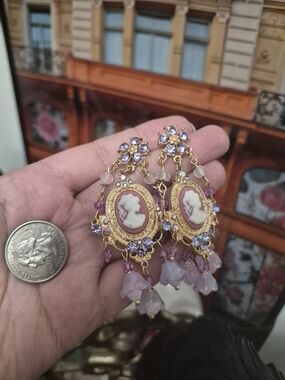 Vintage Gold and Lavender Cameo Drop Earrings